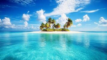 Tropical island paradise with palm trees and clear blue ocean under a sunny sky photo