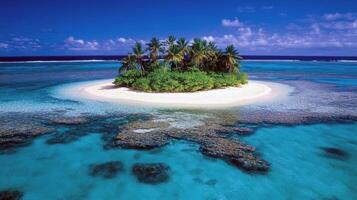Tropical island paradise with palm trees and turquoise waters under blue sky photo