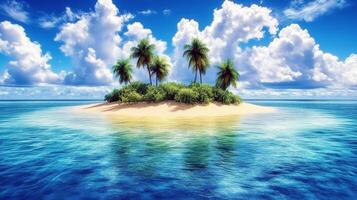 Tropical island with palm trees and clear blue ocean under vibrant sky photo