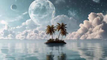 Tropical island under moonlit sky with palm trees and tranquil water reflection photo