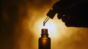 Amber glass bottle with dropper against warm light background photo