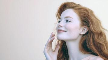 Caucasian young female with red hair smiling against beige background photo