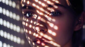 Caucasian young female with sunlit patterned shadows on face and intense green eyes photo