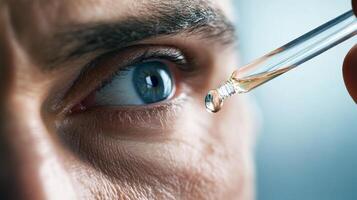 Close-up of a male eye with eye dropper administering liquid photo