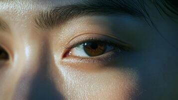 Close-up of female asian eye with natural light highlighting details photo