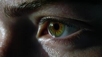 Close-up of human eye with green and brown iris in natural light photo