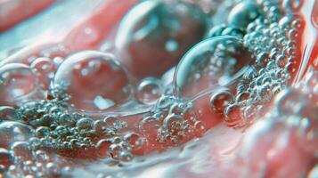 Close-up of pink transparent bubbles in liquid texture background photo