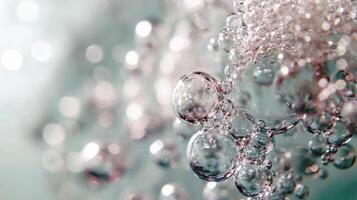 Close-up of shimmering water bubbles with bright blue background and sparkling light effects photo