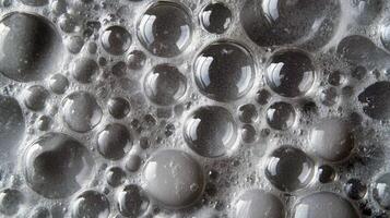 Close-up of soap bubbles with varied sizes and reflections in white background photo