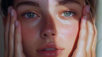 Close-up portrait of young female with freckles and blue eyes in natural light photo