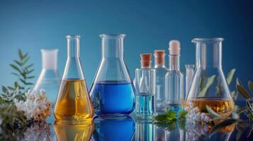 Colorful laboratory glassware with blue and yellow liquids amidst greenery photo