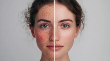 Comparison of natural freckles and smooth skin on a young woman's face photo