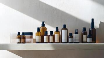 Minimalist skincare collection on shelf with sunlight shadows photo