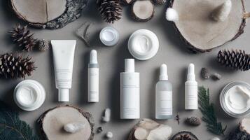 Natural skincare products display on rustic wooden background photo