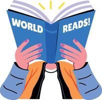 A flat sticker of a character reading a book written world reads vector
