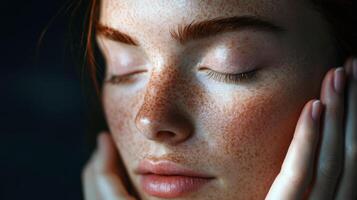 Peaceful close-up portrait of young caucasian female with freckles and closed eyes photo