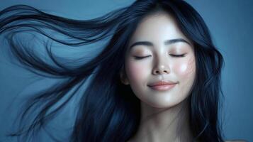 Serene asian young female with flowing hair and peaceful expression photo