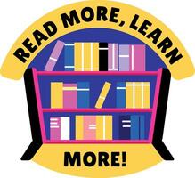 Flat sticker of a library with read more learn more typography vector
