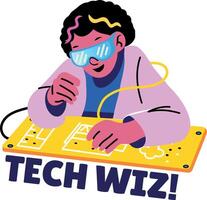 A flat style sticker of a technical engineer repairing a circuit board vector