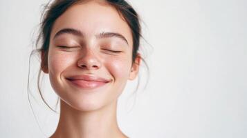 Smiling caucasian female teen with freckles and closed eyes photo