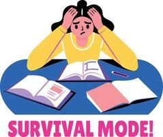 Flat sticker of a student studying books with survival mode typography vector