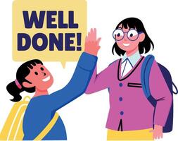 A flat sticker of student high five with well done typography vector