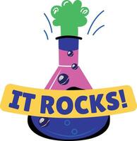 A flat style sticker of laboratory flask with rock it typography vector