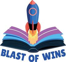 A flat sticker of a book with rocket depicting knowledge boost vector
