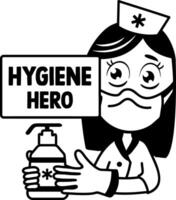 A glyph sticker of a nurse holding sanitizer with hygiene hero typography vector