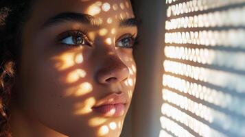 Thoughtful young hispanic female with sunlight and shadow play on face photo