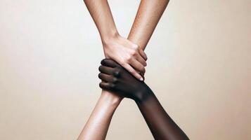 Unity and diversity symbolized by interlocked hands of diverse skin tones photo