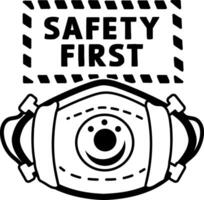 A glyph sticker of face mask with safety first typography vector