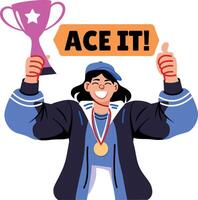 Flat sticker of a winner holding a trophy with ace it typography vector