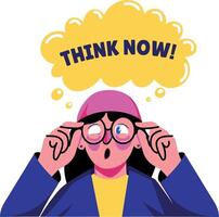 Flat sticker of a character wearing glasses with think now typography vector