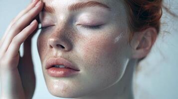 Young caucasian female with freckles and red hair relaxing with closed eyes photo