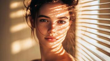Young caucasian female with freckles in sunlit scene through blinds photo
