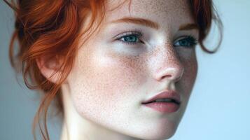 Young caucasian female with red hair and freckles in thoughtful pose photo