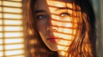 Young caucasian female with sunlit face through blinds photo