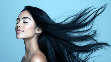 Young hispanic female with flowing black hair and serene expression photo