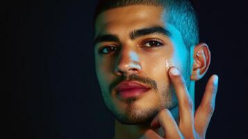 Young hispanic male applying skincare product with focused expression photo