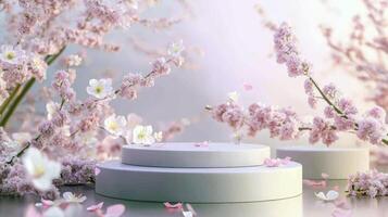 Elegant cherry blossom display with soft pink and white flowers on modern pedestal photo