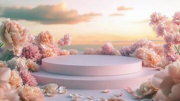 Elegant floral platform with soft pink peonies at sunset photo