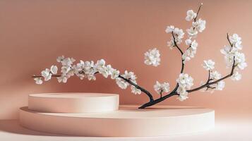 Elegant minimalist display with cherry blossom branch on pastel pedestals photo