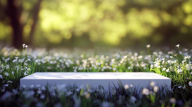 Empty stone platform in sunlit meadow with blooming flowers and lush greenery photo