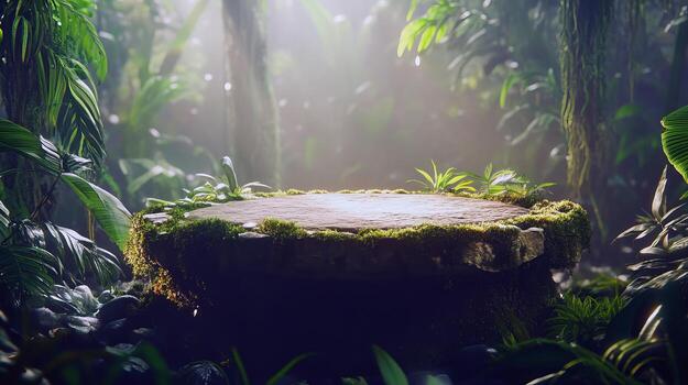 Enchanted stone platform overgrown with moss in lush tropical forest photo