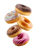 Colorful Assorted Donuts with Chocolate, Vanilla, and Fruit Glazes png
