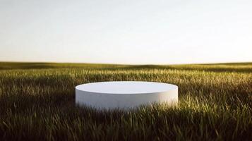 Minimalist concrete platform in vast green field at sunset photo