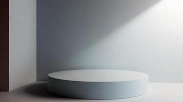 Minimalist gray podium platform in soft lighting for product display photo