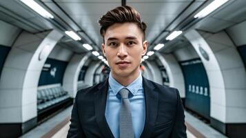 A man in a suit and tie standing in a subway photo
