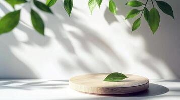 Minimalist wooden platform with leaf shadows in sunlit setting photo